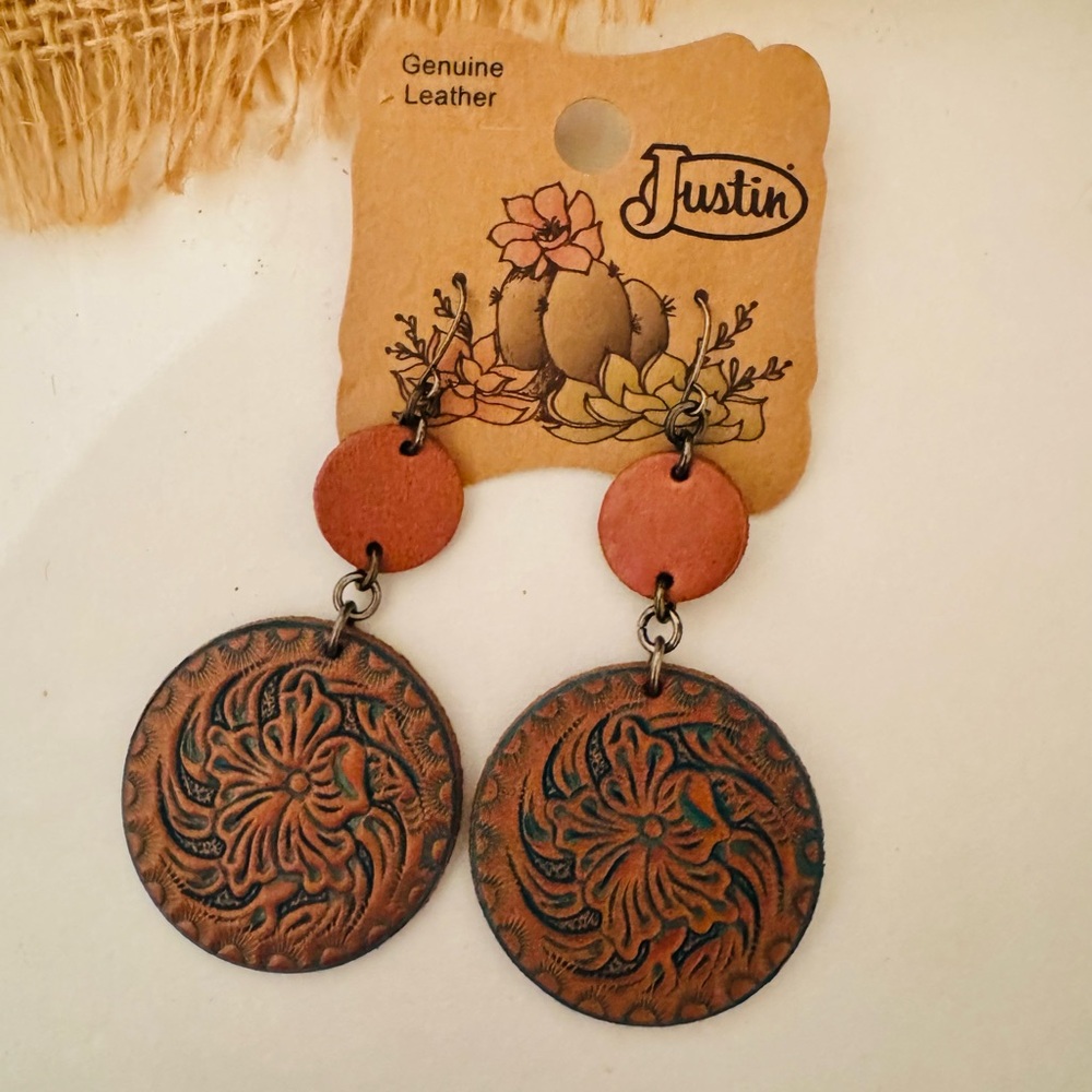Justin Boots Blue and Saddle Brown/Tan Genuine Tooled Leather Earrings NWT